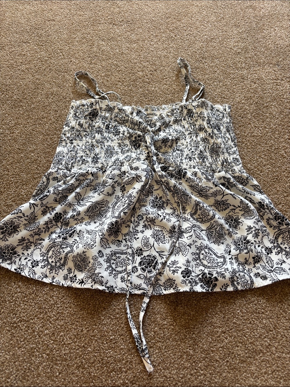 Black & White Floral Smocked Tie-Front Tank Top